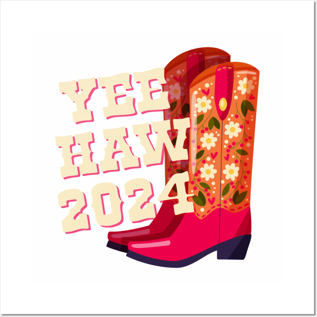 A pair of cowboy boots decorated with flowers and a hand lettering message Yeehaw 2024. Happy New Year colorful hand drawn vector illustration in bright vibrant colors. Greeting card design. Wall Art by BlueLela